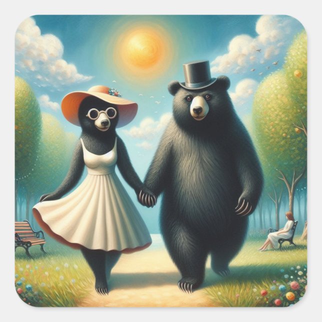 Adorable Bear Couple on a Walk in the Park  Square Sticker (Front)