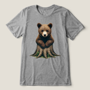 Adorable Bear Cub Sitting on Tree Stump Tri-Blend Shirt