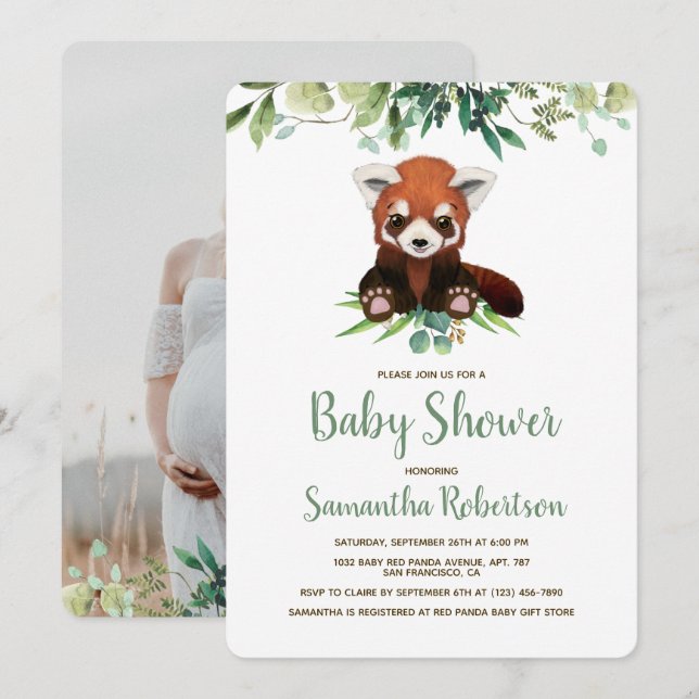 Adorable Bear Greenery Neutral Baby Shower Photo Invitation (Front/Back)