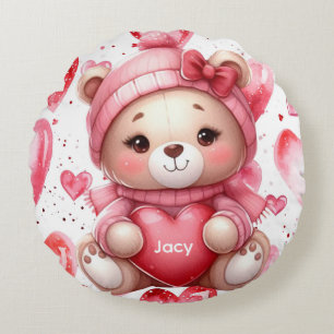 Adorable Bear Hugging Heart Personalized Name Round Pillow