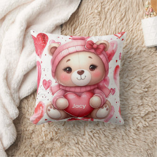 Adorable Bear Hugging Heart Personalized Name Throw Pillow
