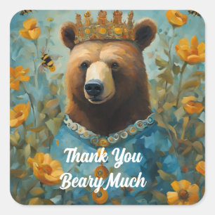 Adorable Bear in a Crown With Flowers and Bees Square Sticker