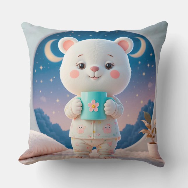 Adorable Bear in Pyjamas Holding a Mug Throw Pillow (Front)