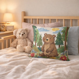 Adorable Bear In The Woods Drawing Kids Throw Pillow