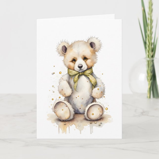 Adorable Bear Light Green Ribbon Lime Blank Card (Front)