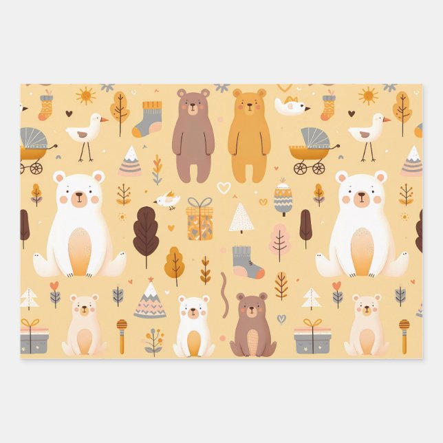 Adorable Bear Pattern Wrapping Paper Sheet (Front)