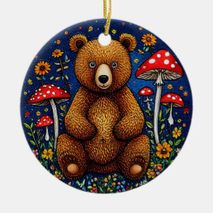 Adorable Bear Surrounded by Mushrooms Ceramic Ornament
