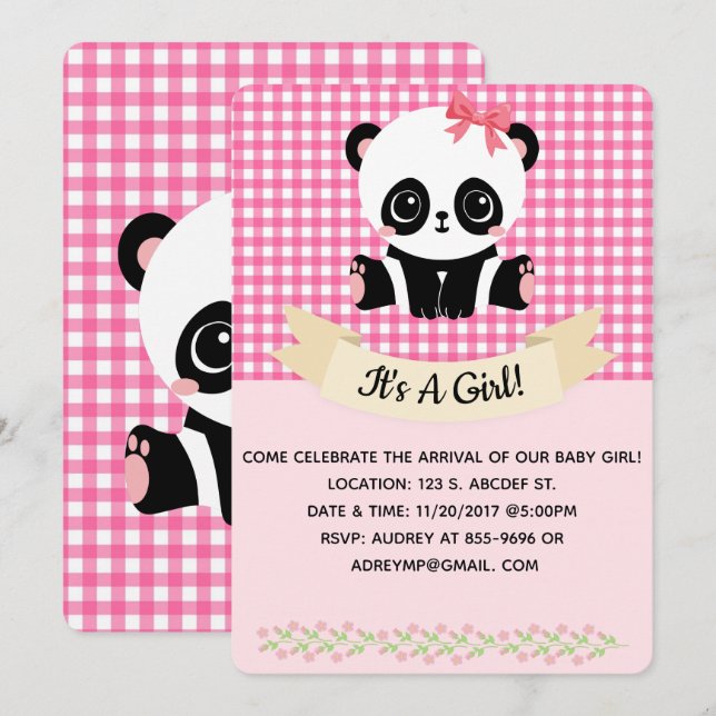 Adorable bébé Panda rose bébé Douche Invitations (Devant / Derrière)