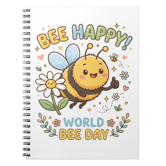 Adorable "Bee Happy!" Illustration for World Bee D Notebook (Front)