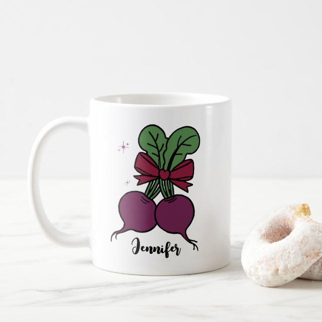 Adorable beets root vegetable personalized name coffee mug (With Donut)