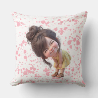 Adorable Bending Girl in Yellow Dress & Messy Bun  Throw Pillow
