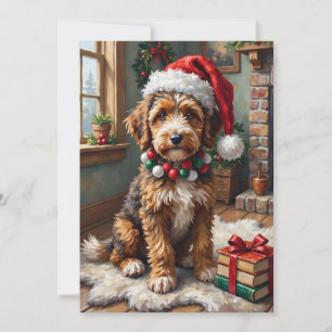 Adorable Bernedoodle Dog Cozy Knitted Santa Hat Holiday Card