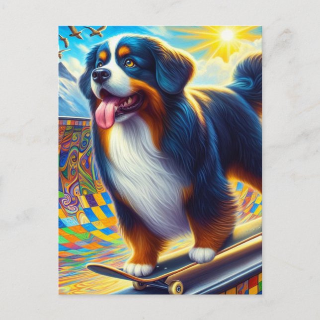 Adorable Bernese Mountain Dog Skateboarding Postcard (Front)