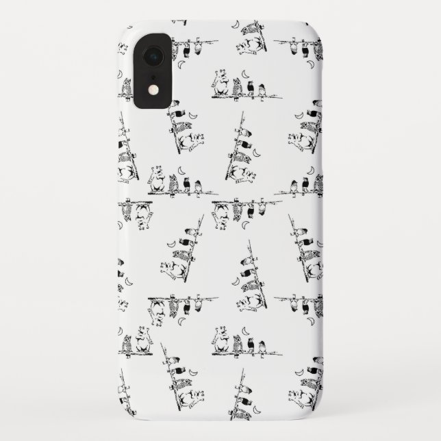 Adorable Birds Bear & Owl Pattern Black & White Case-Mate iPhone Case (Back)