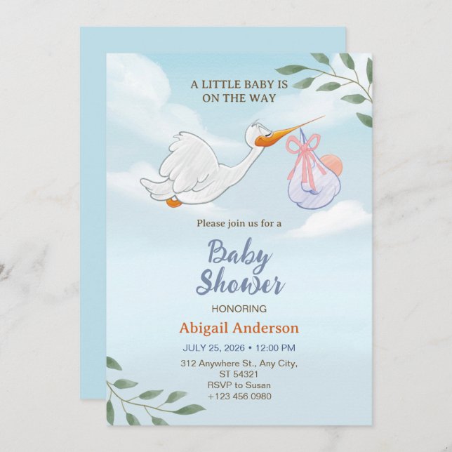 Adorable Birds Carrying A Baby Shower Invitation (Front/Back)