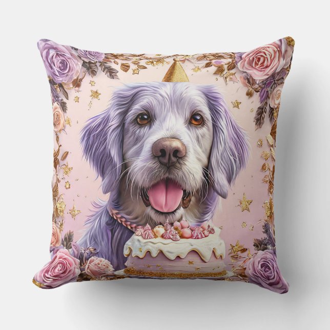 Adorable Birthday Dog with Cake Celebrating Throw Pillow (Front)