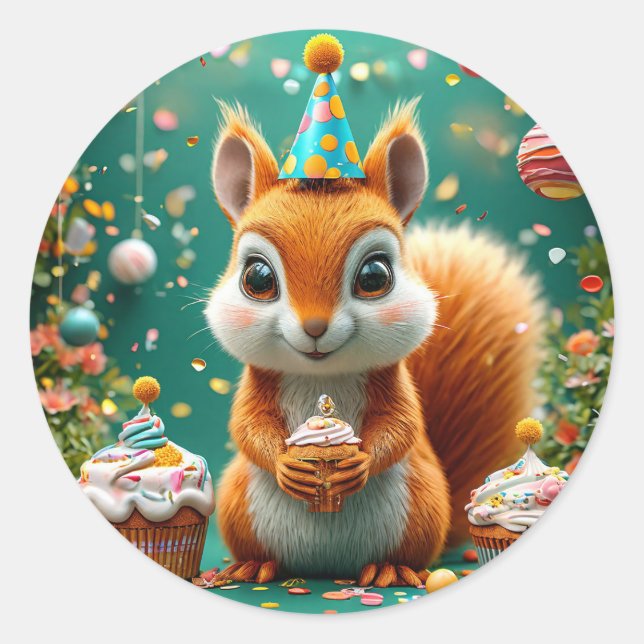 Adorable birthday Squirrel Classic Round Sticker (Front)