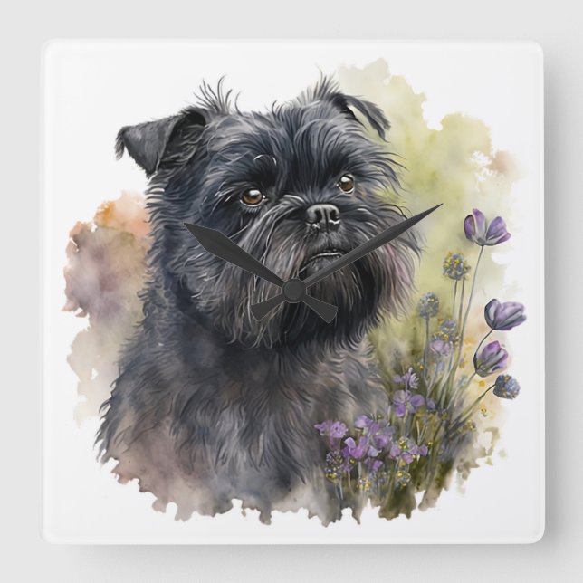 ADORABLE BLACK AFFENPINSCHER DOG WITH FLOWERS SQUARE WALL CLOCK (Front)