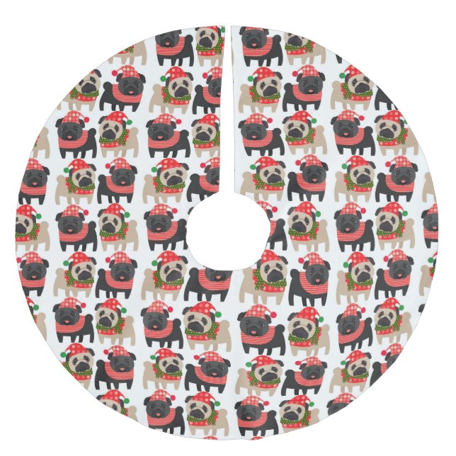 Adorable Black and Fawn Christmas Pugs Brushed Polyester Tree Skirt (Front)