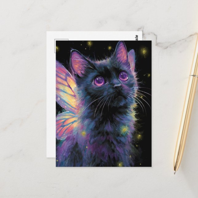 Adorable Black and Purple Cat Fairy Postcard (Front/Back In Situ)
