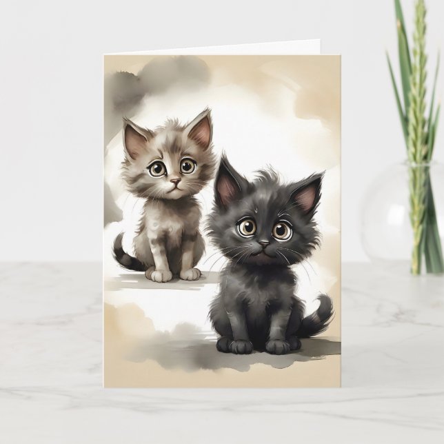 Adorable Black and Tabby Kitties Portrait Blank Card (Front)