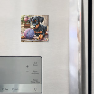 Adorable Black and Tan Puppy with Yarn Ball Magnet