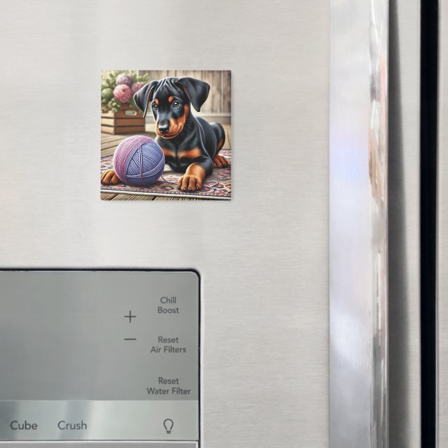 Adorable Black and Tan Puppy with Yarn Ball  Magnet (In Situ (Fridge))