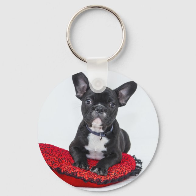 Adorable Black and White Bulldog Puppy Photo Keychain (Front)
