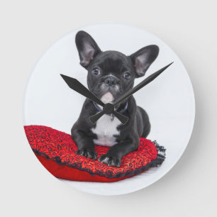 Adorable Black and White Bulldog Puppy Photo Round Clock