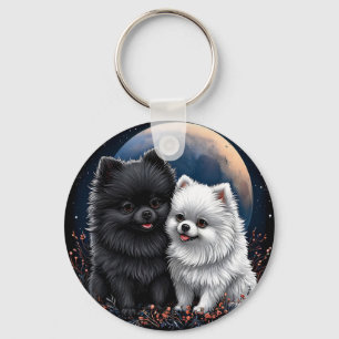 Adorable Black and White Pomeranian Puppies Keychain