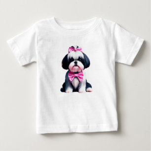 Adorable Black and White Shih Tzu with Pink Polka Baby T-Shirt
