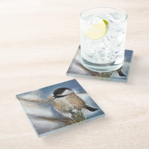 Adorable Black Capped Chickadee Bird Glass Coaster