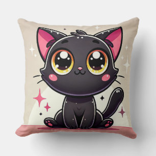 Adorable Black Cartoon Cat Throw Pillow