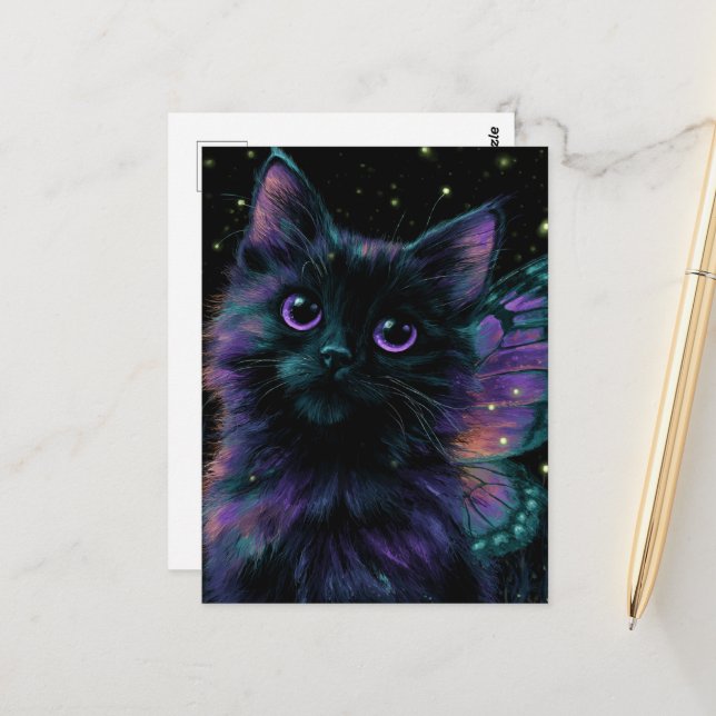 Adorable Black Cat Fairy Postcard (Front/Back In Situ)