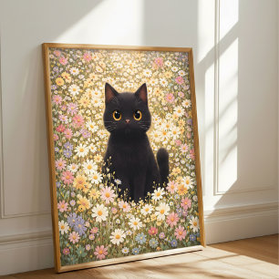 Adorable Black Cat in a Field of Daisies Poster 