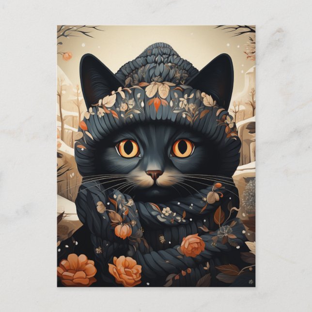 Adorable Black Cat in a Scarf and Hat Postcard (Front)