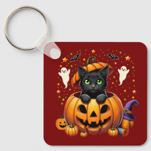 Adorable Black Cat in Pumpkin - Spooky Season! Keychain