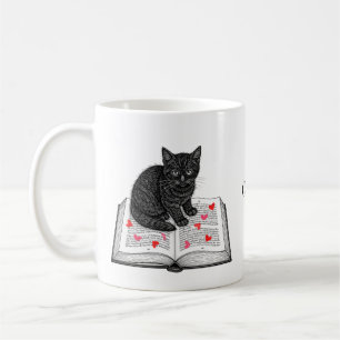 Adorable Black Cat Kitten on Book Custom Name Coffee Mug