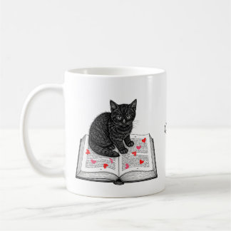 Adorable Black Cat Kitten on Book Custom Name Coffee Mug