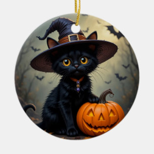 Adorable Black Cat Wearing Witch Hat Ceramic Ornament