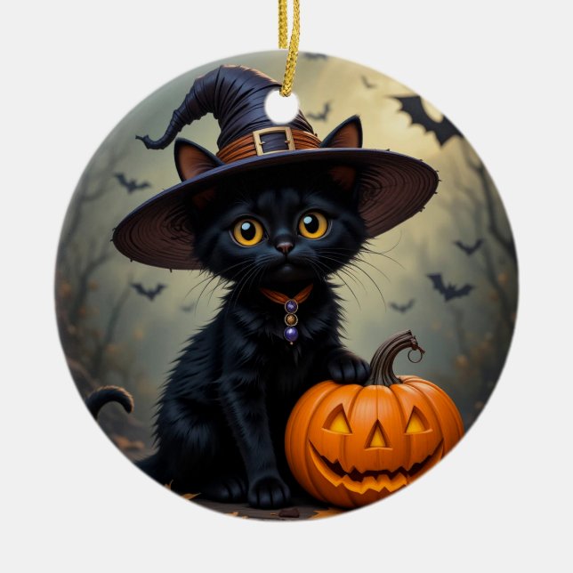 Adorable Black Cat Wearing Witch Hat Ceramic Ornament (Front)