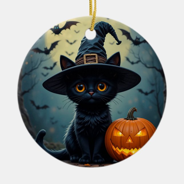 Adorable Black Cat Wearing Witch Hat Ceramic Ornament (Front)
