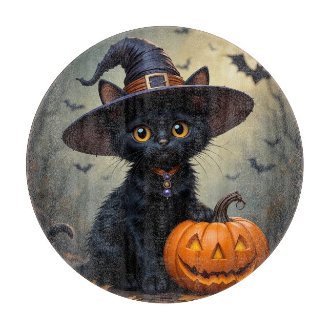 Adorable Black Cat Wearing Witch Hat Cutting Board (Front)