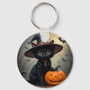 Adorable Black Cat Wearing Witch Hat Keychain