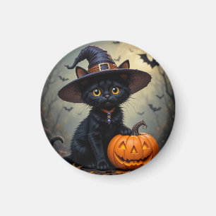 Adorable Black Cat Wearing Witch Hat Magnet