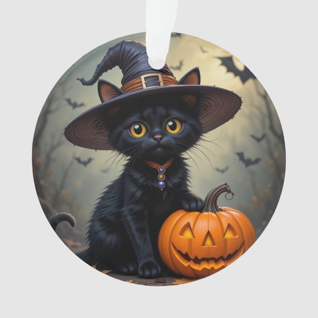 Adorable Black Cat Wearing Witch Hat Ornament (Front)