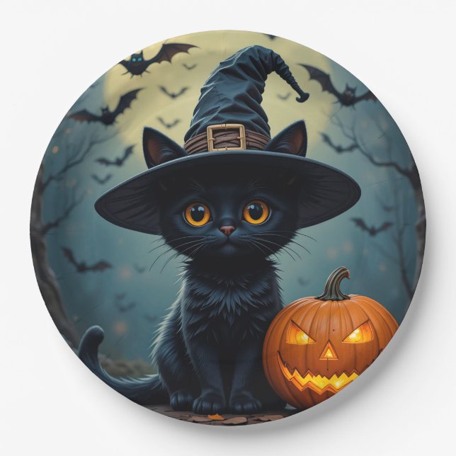 Adorable Black Cat Wearing Witch Hat Paper Plate (Front)