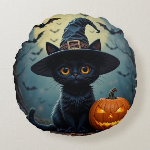 Adorable Black Cat Wearing Witch Hat Round Pillow