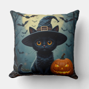 Adorable Black Cat Wearing Witch Hat Throw Pillow