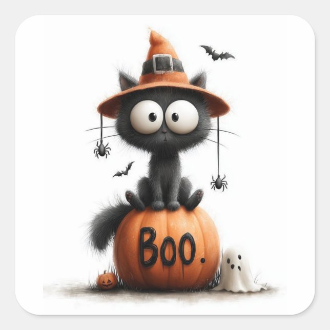 Adorable Black Cat Witch on 'Boo' Pumpkin Sticker (Front)
